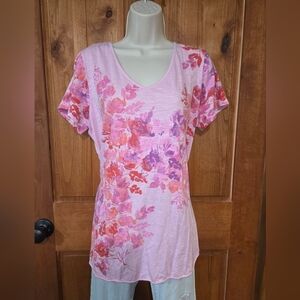 J. Jill Pink Floral V-Neck Short Sleeve Tee